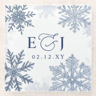 Dessous-de-verre En Verre Mariage d'hiver aux flocons de neige bleu argent M