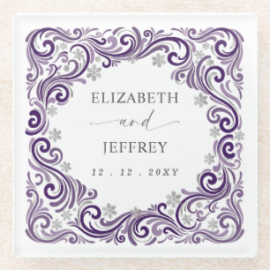Dessous-de-verre En Verre Mariage d'hiver flocons de neige Violet Argent