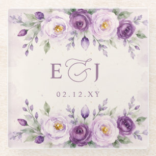 Dessous-de-verre En Verre Mariage floral élégant botanique lavande violet