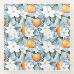 Dessous-de-verre En Verre Mariage Floral Estival Sicilien Blanc Bleu Oranges