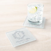 Dessous-de-verre En Verre Mariage Monogramme Crête Fleurie Bleu Poussière (Incliné)