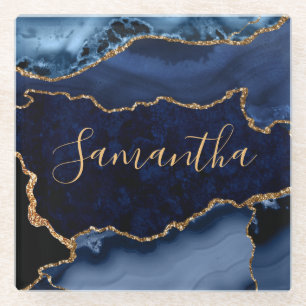 Dessous-de-verre En Verre Marine Blue et Faux Gold Parties scintillant marbr