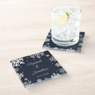 Dessous-de-verre En Verre Marine Blue Snowflakes Mariage d'hiver