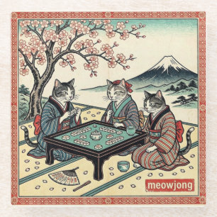 Dessous-de-verre En Verre Meowjong Drôle Chats Japonais Mahjong Ukiyo-e