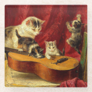 Dessous-de-verre En Verre Mère Chat et chatons Jouer avec la guitare