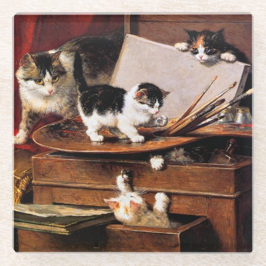 Dessous-de-verre En Verre Mère Chat et chatons sur table (Devant)