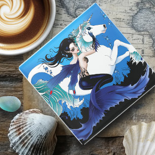 Dessous-de-verre En Verre Mermaid Sea Horse Fairy Blue