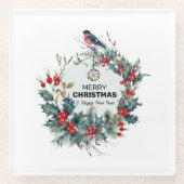 Dessous-de-verre En Verre Merry Christmas-Red Berries & Bullfinch (Devant)
