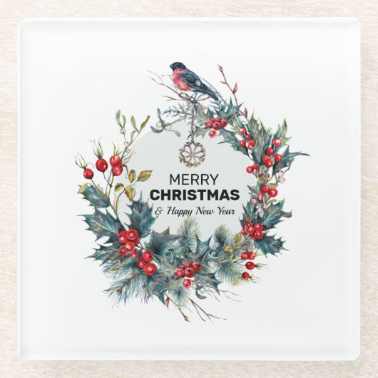 Dessous-de-verre En Verre Merry Christmas-Red Berries & Bullfinch (Devant)