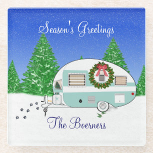 Dessous-de-verre En Verre Merry Christmas Retro Camper Trailer