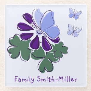 Dessous-de-verre En Verre Mignon Fleur Violet Bleu Papillon Doodle