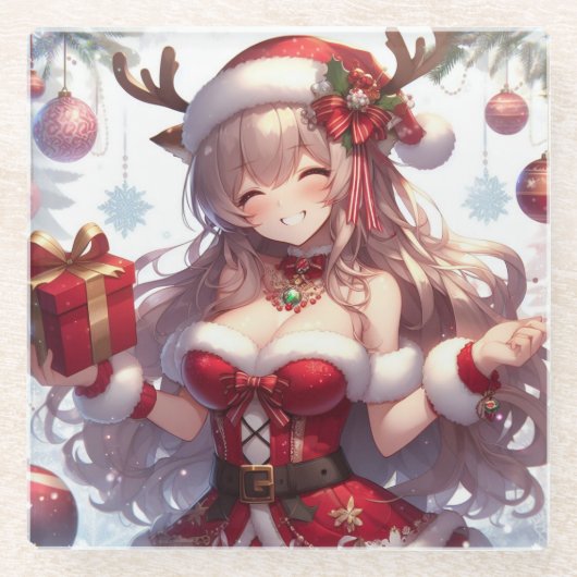 Dessous-de-verre En Verre mignonne fille de Noël anime (Devant)
