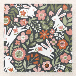 Dessous-de-verre En Verre Mignons lapins blancs, motif vintage fleuri.