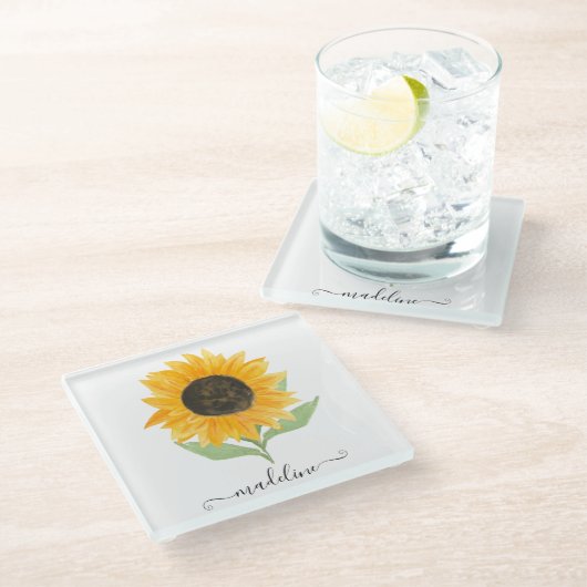 Dessous-de-verre En Verre Minimal Rustic Sunflower Personalized Name Script (Incliné)