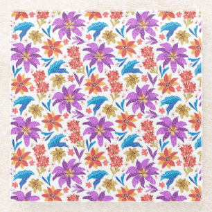 Dessous-de-verre En Verre Modèle floral exotique coloré tiré à la main-70703