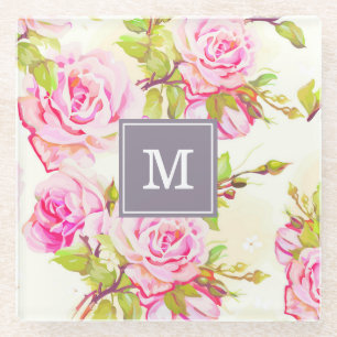 Dessous-de-verre En Verre Modèle Floral personnalisé Vieux Rose Monogramme V