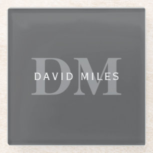 Dessous-de-verre En Verre Moderne Élégant Gris Foncé Monogramme & Nom