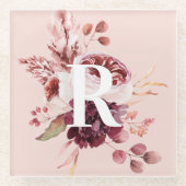 Dessous-de-verre En Verre Moderne Pastel Rose & Flore Rouge Avec Initiale (Devant)