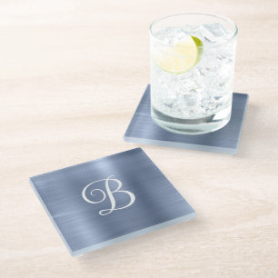 Dessous-de-verre En Verre Monogramme Bouclé Bleu Poussiéreux Métallisé