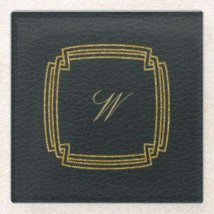 Dessous-de-verre En Verre Monogramme Carré simple sur cuir foncé