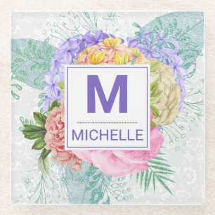 Dessous-de-verre En Verre Monogramme de fleurs printanières aux teintes past