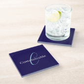 Dessous-de-verre En Verre Monogramme de script curatif modifiable bleu pourp (Incliné)