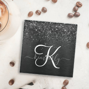 Dessous-de-verre En Verre Monogramme d'étincelle à Parties scintillant noire