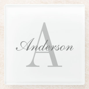 Dessous-de-verre En Verre Monogramme élégant blanc et gris