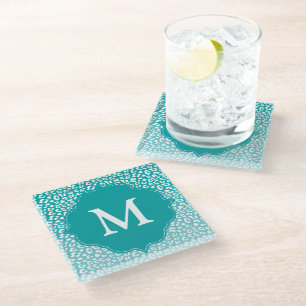 Dessous-de-verre En Verre Monogramme Empreinte de léopard Turquoise