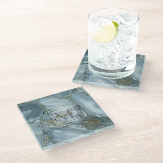 Dessous-de-verre En Verre Monogramme en pierre naturel de marbre bleu (Incliné)