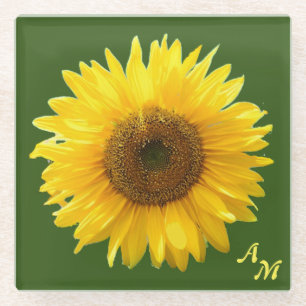 Dessous-de-verre En Verre Monogramme et beau tournesol sur forêt verte