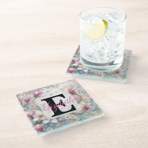 Dessous-de-verre En Verre Monogramme et nom sur Fleurs à l'aquarelle en past