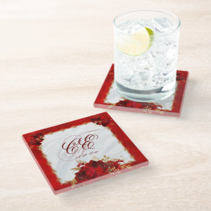 Dessous-de-verre En Verre Monogramme Mariage or rouge floral élégant