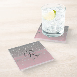 Dessous-de-verre En Verre Monogramme Nom rose Grey Argent Stars tendance