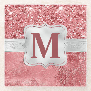 Dessous-de-verre En Verre Monogramme pailleté et feuille rose glamour