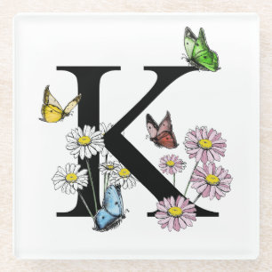 Dessous-de-verre En Verre Monogramme papillon aquarelle fleur lettre K