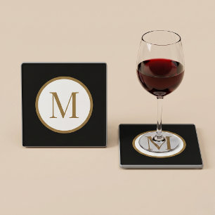 Dessous-de-verre En Verre Monogramme personnalisé avec sceau central noir et