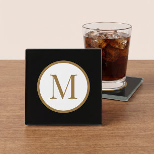 Dessous-de-verre En Verre Monogramme personnalisé avec sceau central noir et