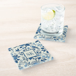 Dessous-de-verre En Verre Monogramme personnalisé Chinoiserie Bleu et blanc