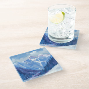 Dessous-de-verre En Verre Montagne de ski   Chaîne de montagnes à l'aquarell