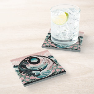 Dessous-de-verre En Verre Montagne florale de dragons Rose Sauge sarcelle