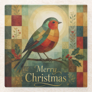 Dessous-de-verre En Verre Mosaïque de Noël Robin Oiseau Houx Baie
