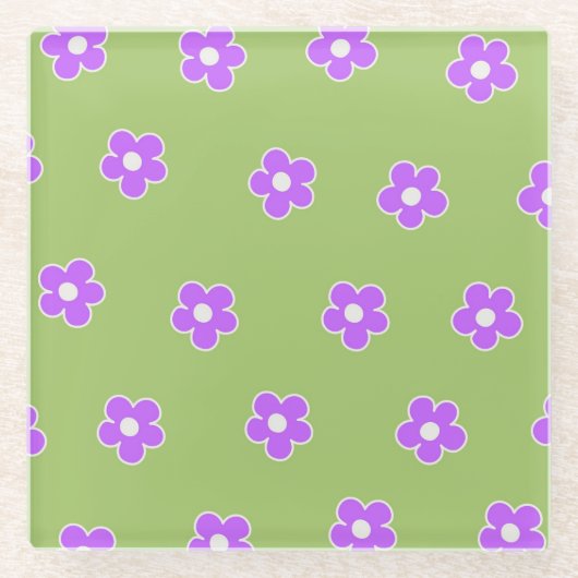 Dessous-de-verre En Verre Motif à fleurs vert violet rétro Y2K (Devant)