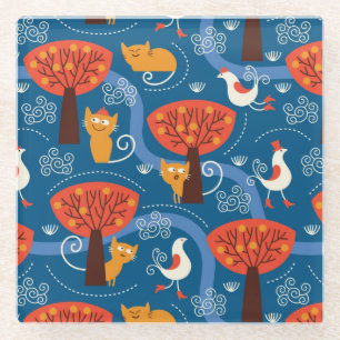 Dessous-de-verre En Verre motif avec les chats et les oiseaux mignons