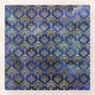 Dessous-de-verre En Verre Motif bleu aquarelle avec damas doré