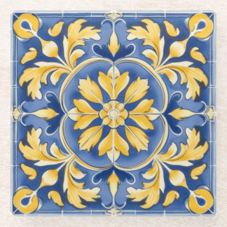 Dessous-de-verre En Verre Motif botanique méditerranéen - Bleu et Jaune
