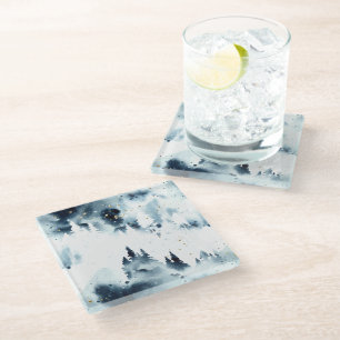 Dessous-de-verre En Verre Motif d'aquarelle de la forêt bleue de minuit