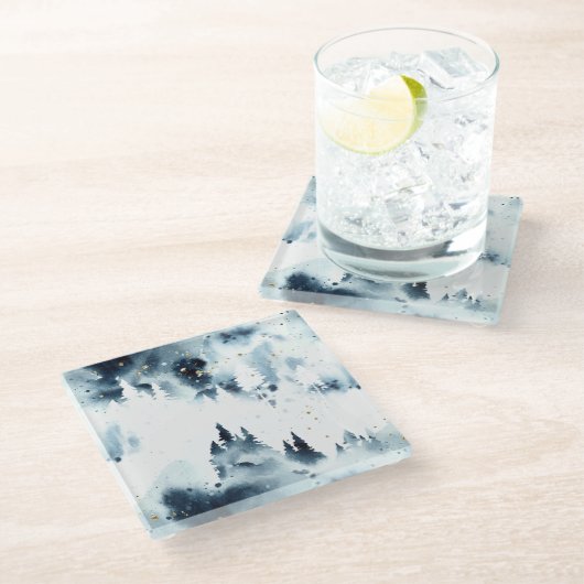 Dessous-de-verre En Verre Motif d'aquarelle de la forêt bleue de minuit (Incliné)