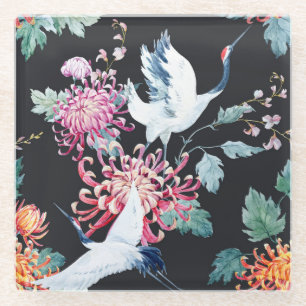 Dessous-de-verre En Verre Motif d'aquarelle de la grue rouge Chrysanthemum