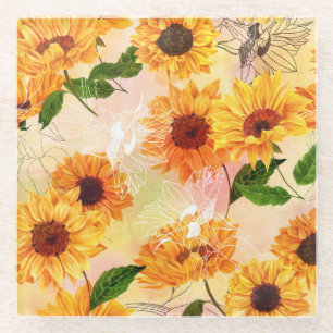 Dessous-de-verre En Verre Motif d'aquarelle de tournesols jaunes dessinés à